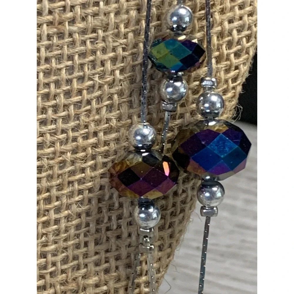 Iridescent Multi Strand Layered Necklace Silver Tone Oil Slick Faceted Beads 20
